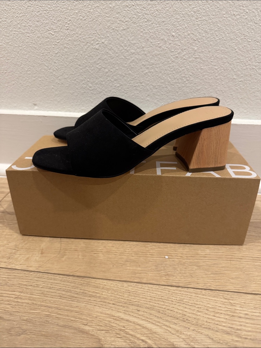 JustFab Black Suede Open-Toe Mule with Wood Block Heel